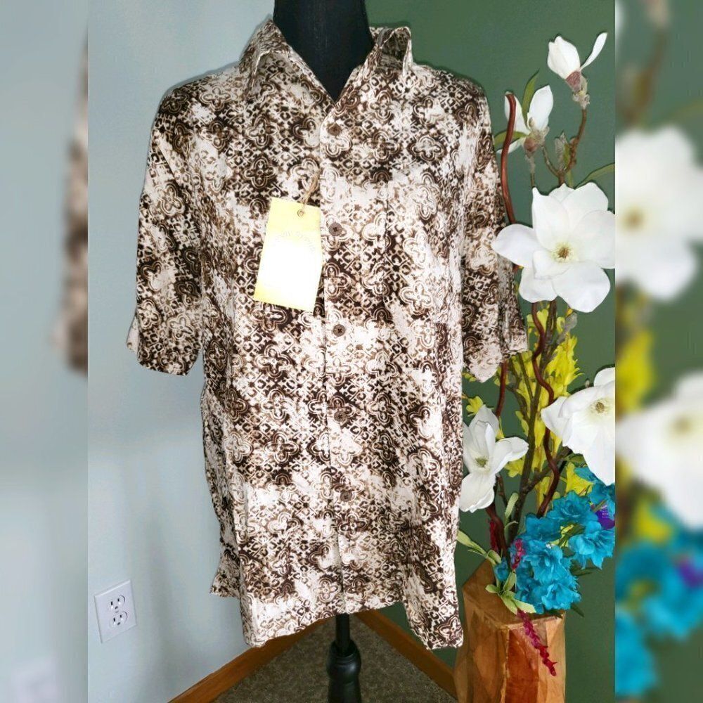 Island Republic Women's Button-down Shirt size S, beige, brown, rayon, silk NWT